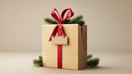 A 3D illustration of a personalized gift bag featuring a custom name tag attached to a festive ribbon, with the bag set against a simple background, highlighting the elegant details 