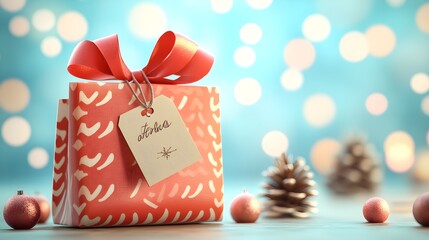 A festive 3D illustration of a custom gift bag with a bright ribbon tied at the top and a personalized name tag hanging from it, emphasizing the uniqueness of the gift 