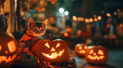 Naklejka premium A festive Halloween setup featuring a cat in a pumpkin costume, surrounded by carved jack-o'-lanterns with flickering candles inside, capturing the playful spirit of the season 