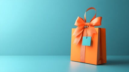 A festive 3D illustration of a custom gift bag with a bright ribbon tied at the top and a personalized name tag hanging from it, emphasizing the uniqueness of the gift 