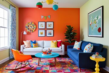 Bright and Cheerful Family Living Room Design with Playful Decor and Vibrant Walls