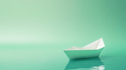 Obraz premium A white paper boat on a green water surface.