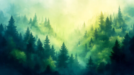Fototapeta premium Beautiful, blurred background of an enchanting forest with green trees and fog in the morning light.