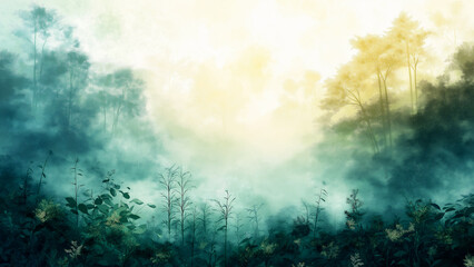 Fototapeta premium Misty forest, foggy morning light, yellow wildflowers, ethereal, dreamlike, mist, soft focus, blurred background, wide shot, pastel colors.