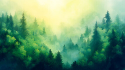 Obraz premium Beautiful, blurred background of an enchanting forest with green trees and fog in the morning light.