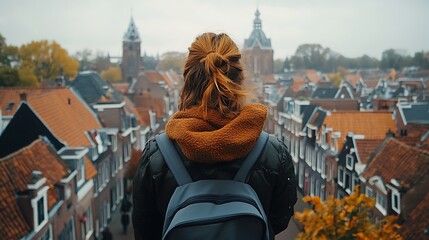 Fototapeta premium Woman with Backpack Gazing at European Cityscape