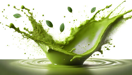 realistic splash of green tea or matcha isolated on white background. Generative AI.