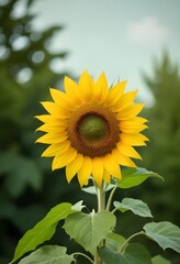 Fototapeta premium A large yellow sunflower with green leaves against a blurred green background