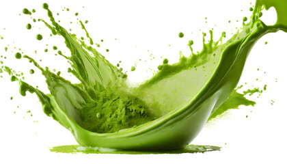 realistic splash of green tea or matcha isolated on white background. Generative AI.