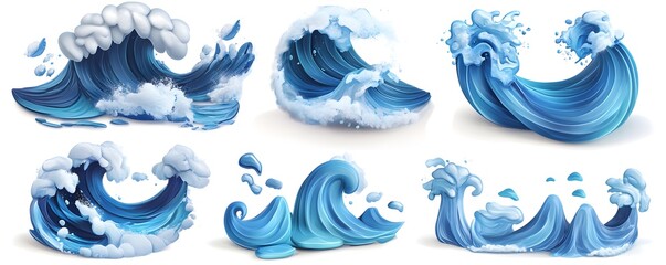 Naklejka premium Realistic Ocean Waves 3D Illustration Set Blue Water Foam Sea Surf Coastal Design Ele