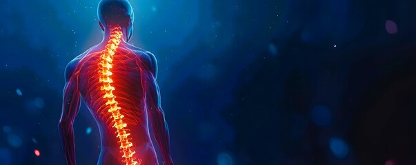 Human Anatomy Illustration with Glowing Spine and Blue Background