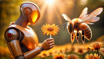Fototapeta premium The kind robot that offers flowers to the bee painting on the wall so that it can make honey