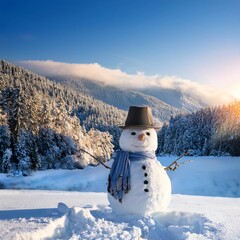 Obraz premium a snowman with a hat and a hat in the snow.