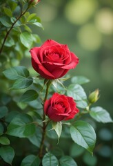 Naklejka premium A vibrant red rose with green leaves against a blurred green background
