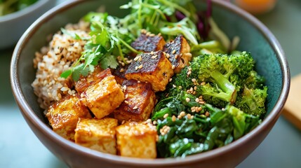 Delicious Tofu Bowl with Brown Rice, Broccoli & Greens