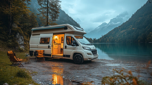 Luxurious camper van near serene lakeside forest landscape.