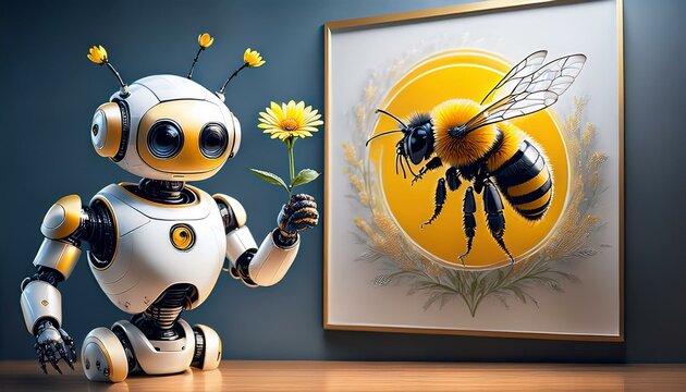 The kind robot that offers flowers to the bee painting on the wall so that it can make honey