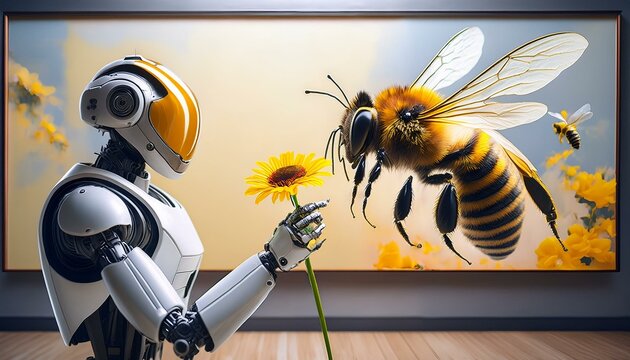 The kind robot that offers flowers to the bee painting on the wall so that it can make honey