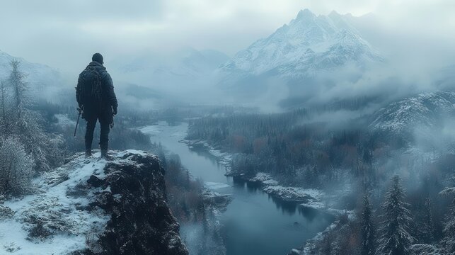 amidst a snowy landscape a determined discoverer traverses a cliff embodying adventure and resilience while navigating the challenging terrain in a winter wonderland