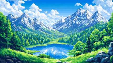 Picturesque Mountain Lake Scene with Forest and Snow Capped Peaks