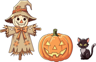 Gatto spaventapasseri e zucca di Halloween