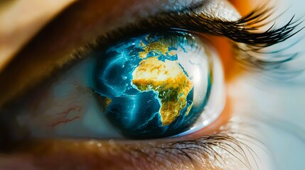 Close Up Eye with Earth Reflection   Global Vision  World in Focus