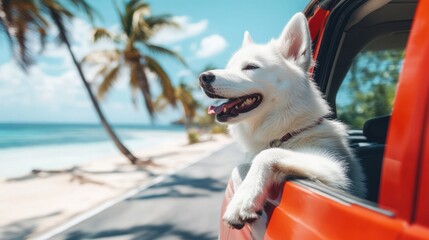 Dog eagerly enjoys tropical ride along scenic beach