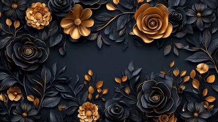 Dark and rich floral design with golden 3D flowers, creating a luxurious, sophisticated look with metallic finishes, perfect for high-end wallpapers and decorative prints