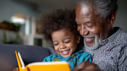 Obraz premium joyful moment shared between grandfather and his grandchild as they read book together, showcasing love and connection in cozy setting. 