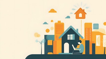 Work from Home Concept Illustration   Remote Worker  Laptop  Cityscape  House  Clouds