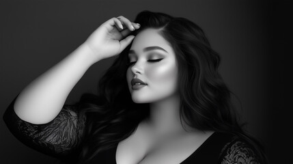 stunning black and white portrait of woman with long, wavy hair, showcasing her elegant pose and serene expression. lighting highlights her features beautifully, creating captivating image. 