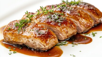 A beautifully arranged roasted duck breast, topped with sauce and garnished with herbs, displayed on a white background, perfect for culinary blogs and recipe books.