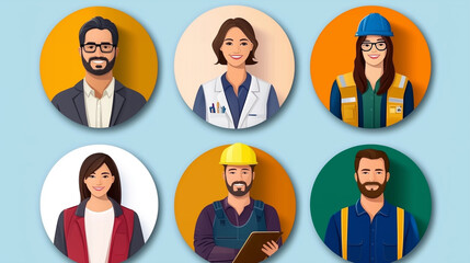 Professional individuals in various occupations are depicted in colorful, modern style. Each character represents different field, showcasing diversity in workforce. 