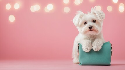 Dog with teal bag in a pink-hued festive setting.
