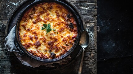 A cassoulet in a cast-iron pot viewed from the top, with a golden, crispy top layer, and a serving spoon resting beside it, ready to serve.