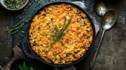 A cassoulet in a cast-iron pot viewed from the top, with a golden, crispy top layer, and a serving spoon resting beside it, ready to serve.