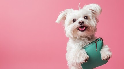 Adorable dog holds purse against pink backdrop