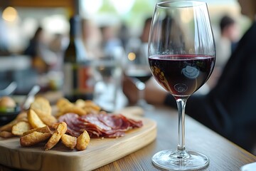Naklejka premium Red Wine Salami and Bread Appetizer on a Wooden Board