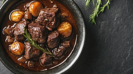 A close-up of Boeuf Bourguignon on the left side, with tender beef and rich sauce, set on a textured surface with generous space for headlines or promotional text on the right.
