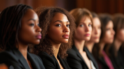 Obraz premium A group of women in a courtroom, waiting for justice to be served, with a focus on the emotions of determination and hope. Ai generated