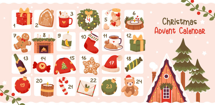 Christmas advent calendar vector with numbered windows. Daily surprises, teddy bear, gingerbread, and candles. A cozy winter countdown with treats