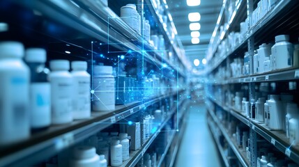 Fototapeta premium Pharmaceutical Warehouse with Digital Network Overlay
