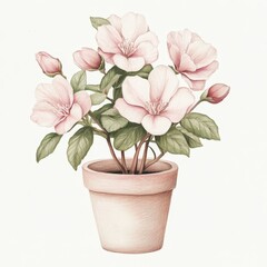 Naklejka premium A delicate illustration of pink flowers in a terracotta pot.