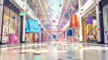 Obraz premium Shopping Mall Celebration with Floating Bags and Confetti