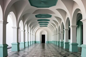 Elegant White and Mint Architectural Background with Expansive Arches and Geometric Design