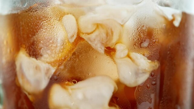 Super Slow Motion Shot of Pouring Milk into Ice Coffee , Filmed on High Speed Cinematic Camera