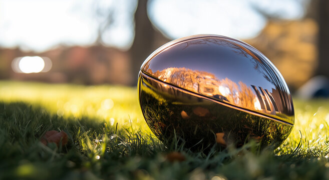 Bronze gold football rugby league metallic ball outdoor sports field championship competition success victory modern luxury autumn grass stylish prestige blank copy space banner sunny advert winning 