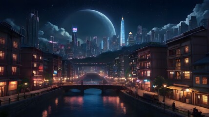 Fototapeta premium Panorama view of a modern city at night with a river flowing through it, featuring a skyscraper skyline in the background, illuminated by vibrant neon lights in a cyberpunk atmosphere