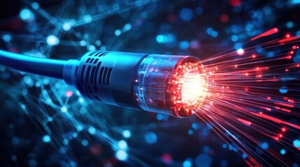 A close-up of a glowing cable connector emitting light particles, symbolizing data transmission.