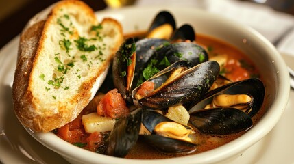 Fototapeta premium A cozy serving of bouillabaisse with mussels and assorted seafood, elegantly presented with a side of toasted garlic baguette, creating an inviting dining atmosphere.